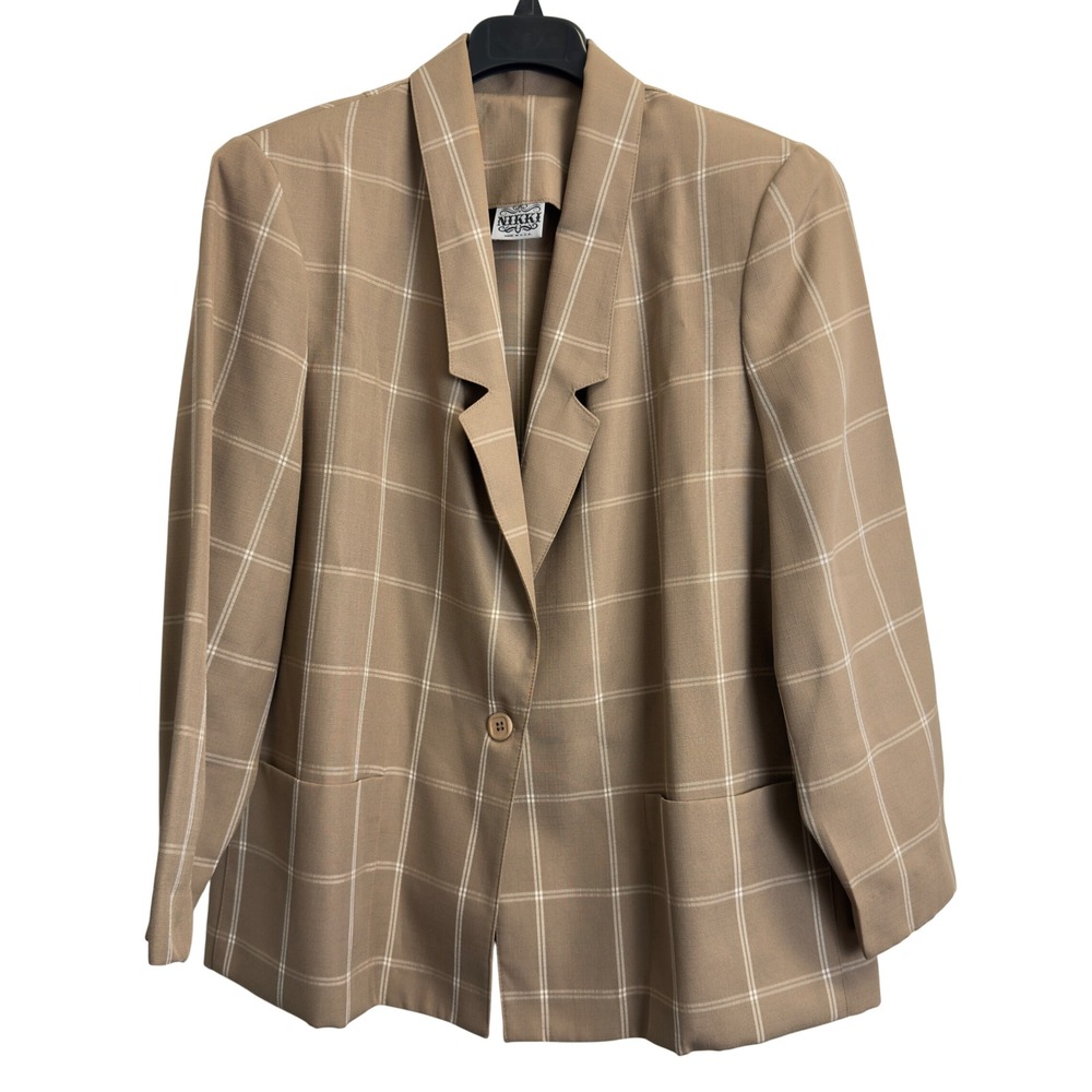Vintage Nikki Tan Windowpane Plaid Blazer Women's 20W Single Button Made in USA